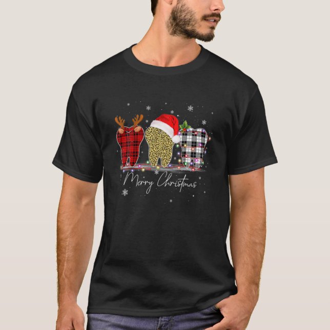 Camiseta Dentista Natal Engraçado Xadrez Leopardo Tooths De (Frente)