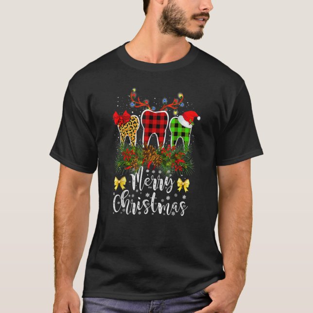 Camiseta Dentista Natal Leopardo Xadrez Tooths Dental Cos (Frente)