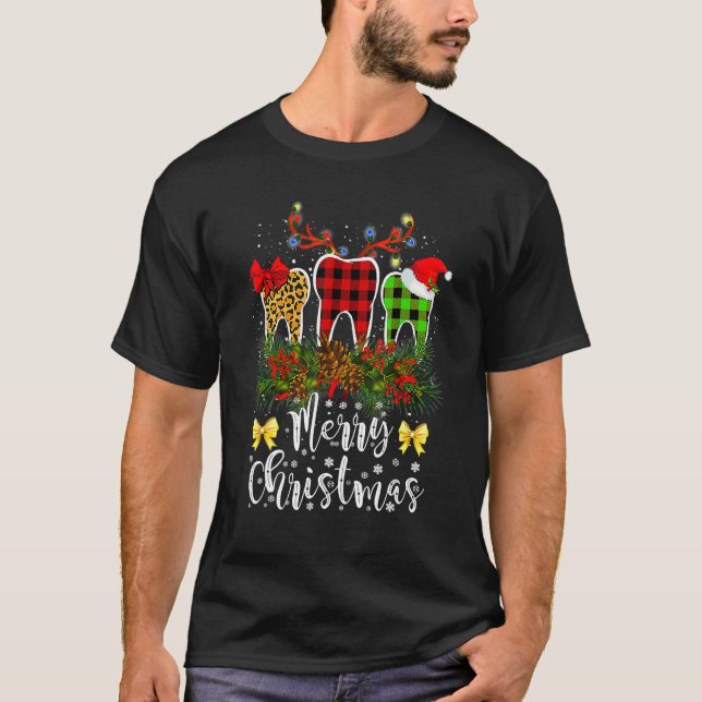 Camiseta Dentista Natal Leopardo Xadrez Tooths Dental Cos (Frente)