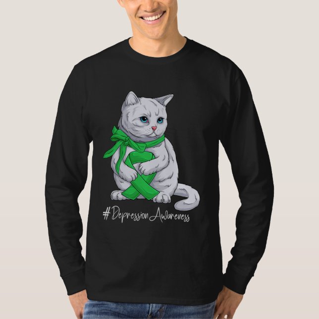 Camiseta Depression Awareness Month Green Ribbon Cat (Frente)