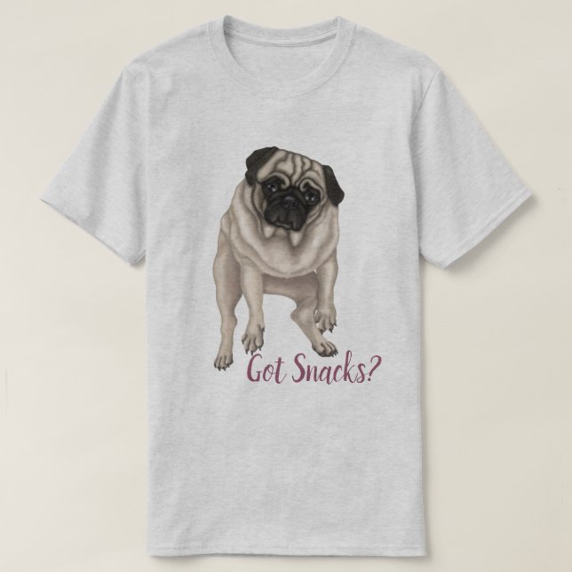 Camiseta Derpy Pug - Tem Snacks? (Frente do Design)