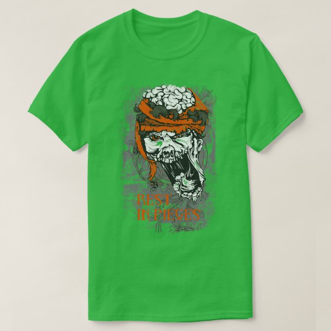 Camiseta Descanse em Pedaços Caveira Zombie (Frente do Design)
