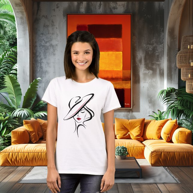 Camiseta Descrição de Arte Linear de Mulher com Chapéu (Criador carregado)