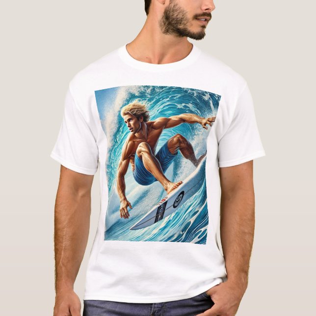 Camiseta Descubra a Onda Perfeita - Camisa-T de Surfer Dinâ (Frente)