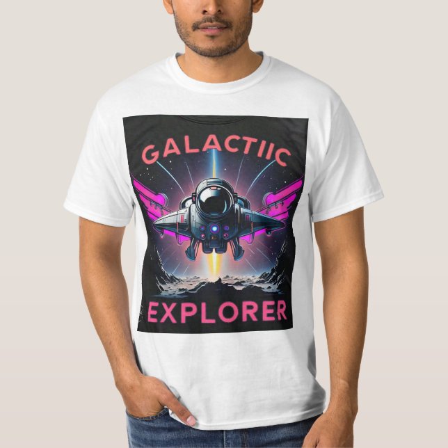 Camiseta "Descubra além: Explorador Galáctico" (Frente)