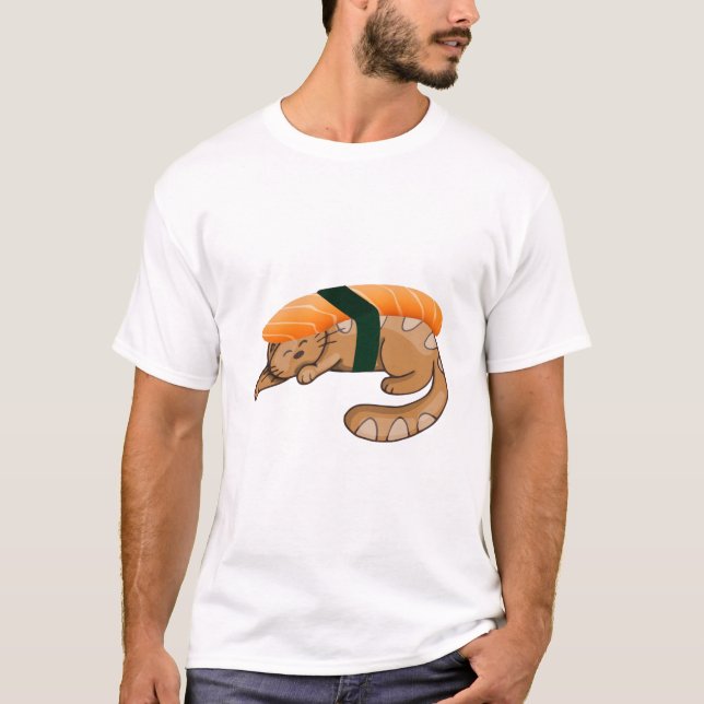 Camiseta Descubra Gatos Whimsical Sushi: Abrace Divertiment (Frente)