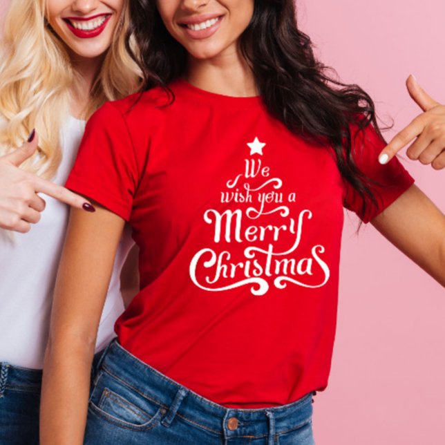 Camiseta Desejamos-lhe um Feliz Natal das Mulheres Vermelha (Criador carregado)