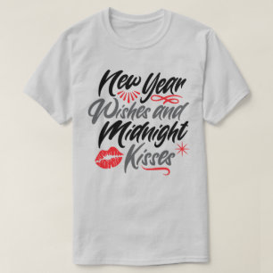 Camiseta desejos de ano novo e cinzas de guião de beijo de