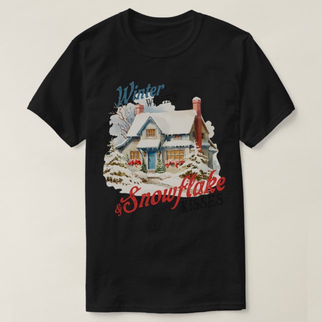 Camiseta Desejos de inverno e beijos em flocos de neve (Frente do Design)