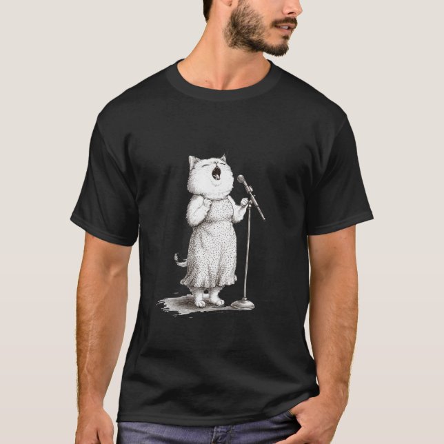 Camiseta Desempenho do Gato Cantando no Microfone (Frente)
