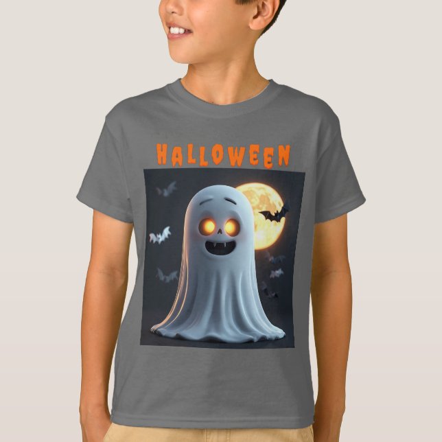 Camiseta Desenho Animado de Fantasma Assustador com Morcego (Frente)