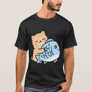 Camiseta Desenho Animado de Gato Fofo e Peixe