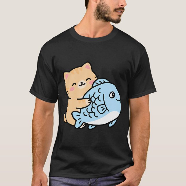 Camiseta Desenho Animado de Gato Fofo e Peixe (Frente)