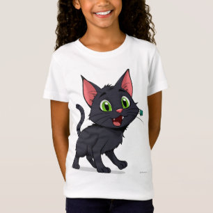 Camiseta Desenho Animado Feliz de Gato Preto com Olhos Verd