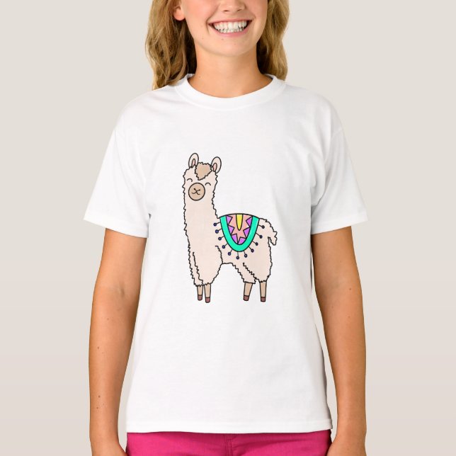 Camiseta desenho animado feliz lama alpaca (Frente)