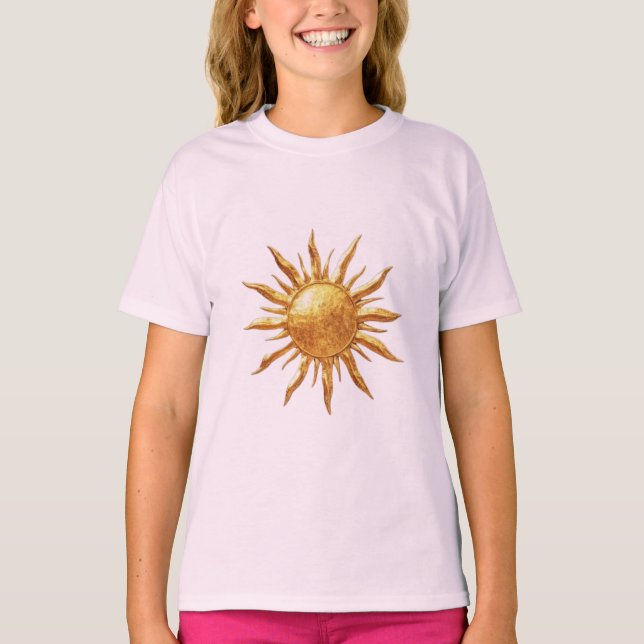 Camiseta Desenho Artístico Boho Celestial Sol Dourado Radia (Frente)