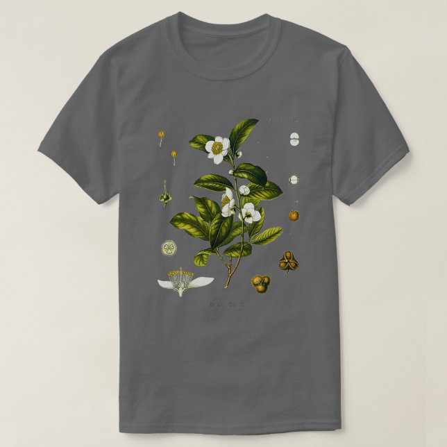 Camiseta Desenho biológico da planta do chá Camellia Sinens (Frente do Design)
