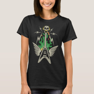 Camiseta Desenho com guitarra elétrica acústica e esqueleto