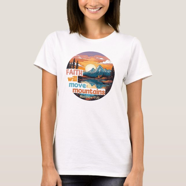 Camiseta Desenho Cristão Fé Move Montanhas (Frente)
