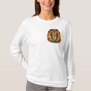 Camiseta Desenho da cabeça de leão Rasta vermelho amarelo v