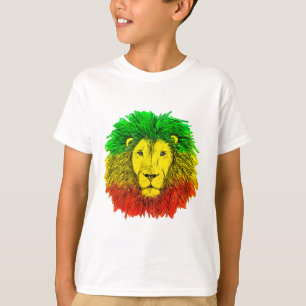 Camiseta Desenho da cabeça de leão Rasta vermelho amarelo v