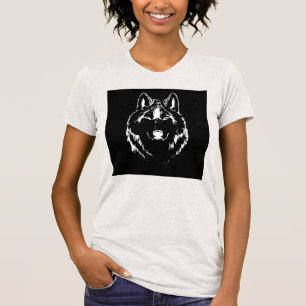 Camiseta Desenho Da Cabeça Do Lobo Negro E Branco Engraçado