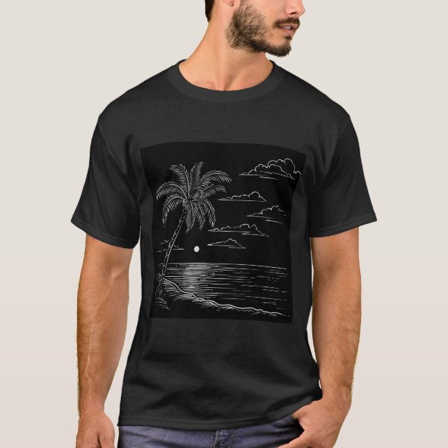 Camiseta Desenho Da Linha De cinza De Uma Praia Sunset, Bac (Frente)