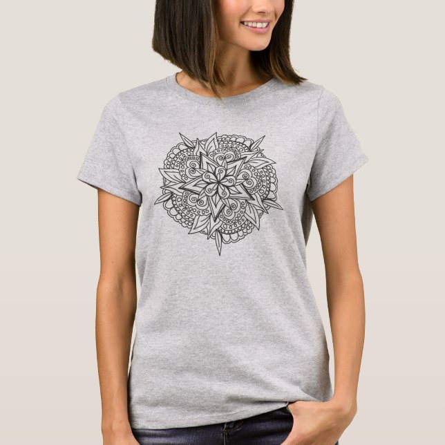 Camiseta Desenho da linha do Ornamentado de Mandala Flor (Frente)