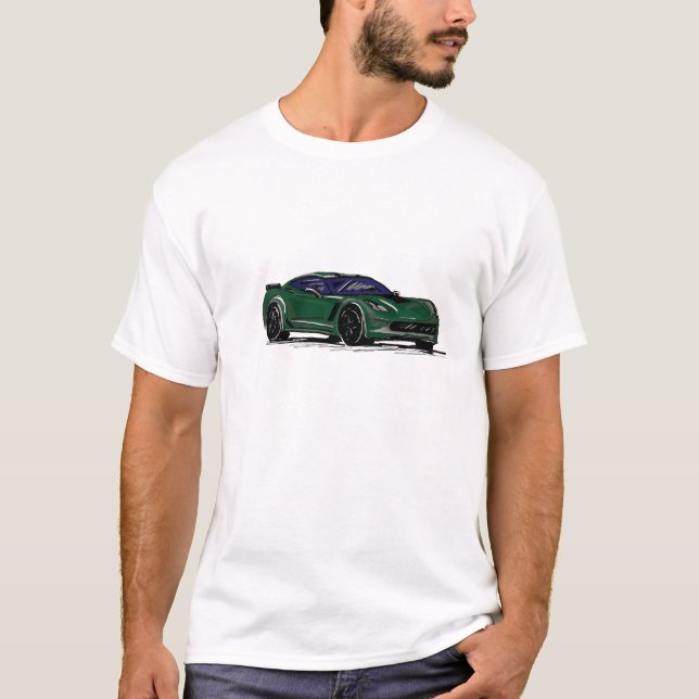 Camiseta Desenho Da Mão Do Carro Esportivo Verde C7 (Frente)