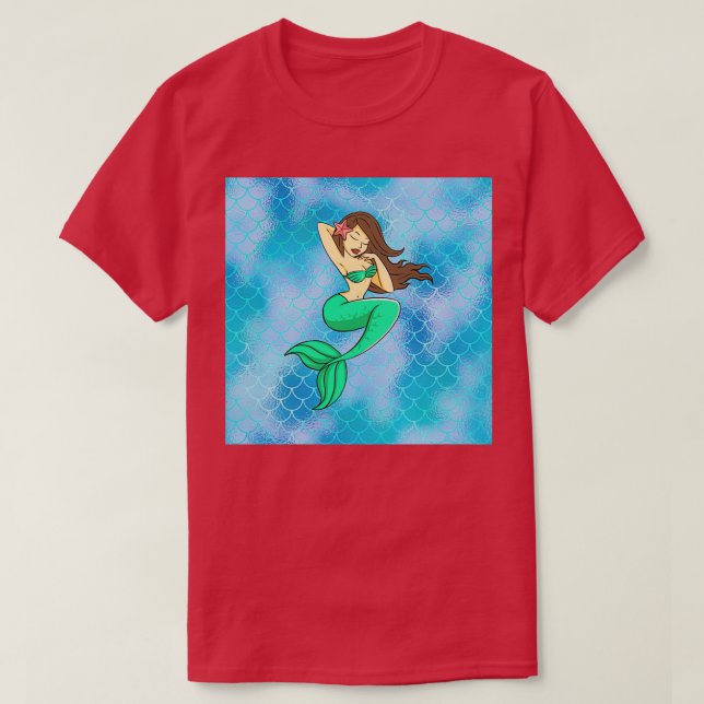 Camiseta Desenho da Sereia em Escalas Azuis (Frente do Design)