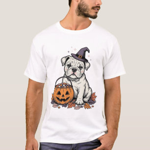 Camiseta Desenho de Abóbora Bulldog de Halloween Gravado Vi
