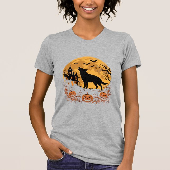 Camiseta Desenho de abóbora da lua de Halloween do Pastor A (Frente)