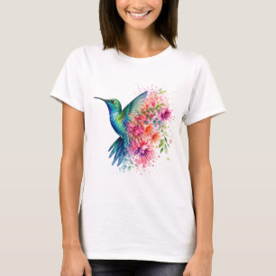 Camiseta Desenho de Beija-Flor em Aquarela com Flores Vibra