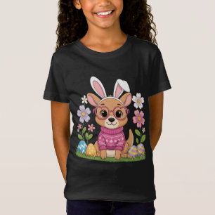 Camiseta Desenho de Caça ao Ovo de Canguru de Páscoa com Fl