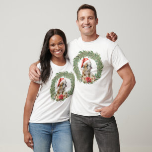 Camiseta Desenho de Cachorro Floral de Natal em Aquarela