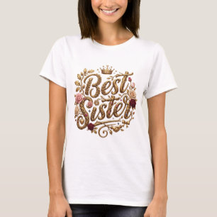 Camiseta Desenho de Caligrafia da Melhor Irmã em Ouro Ornam