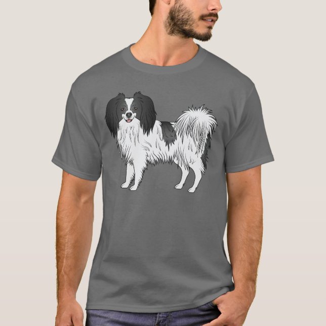 Camiseta Desenho De Cão De Cartoon Phalène Cute Preto E Bra (Frente)