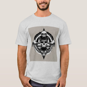 Camiseta Desenho de Caveira com Asas e Símbolos