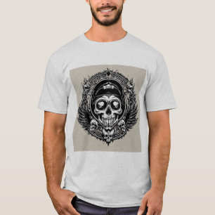 Camiseta Desenho de Caveira com Asas e Símbolos