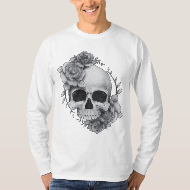 Camiseta Desenho de Caveira e Rosas (Frente)