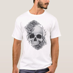 Camiseta Desenho de Caveira e Rosas