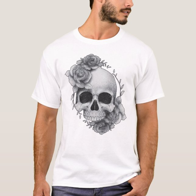 Camiseta Desenho de Caveira e Rosas (Frente)