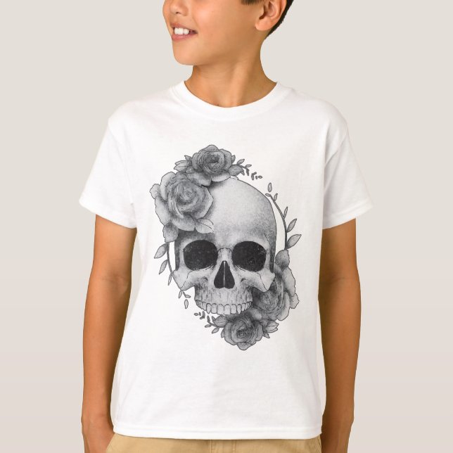 Camiseta Desenho de Caveira e Rosas (Frente)