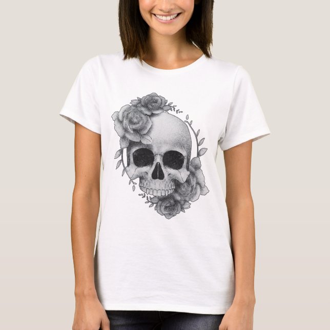 Camiseta Desenho de Caveira e Rosas (Frente)