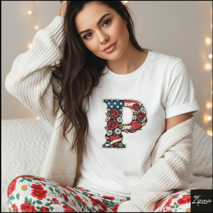 Camiseta Desenho de Coroa de Carta P Floral Patriótica