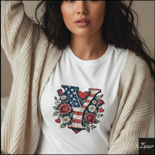 Camiseta Desenho de Coroa de Letra Y Floral Patriótica