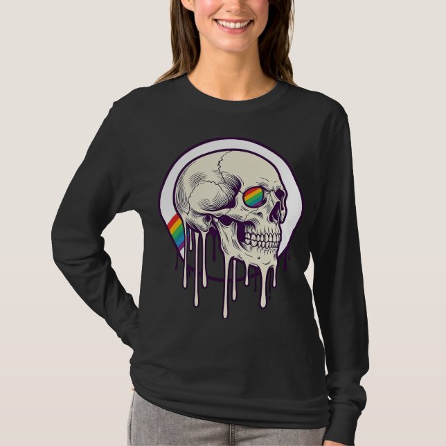 Camiseta Desenho de crânio pingando arco-íris com gravação  (Frente)