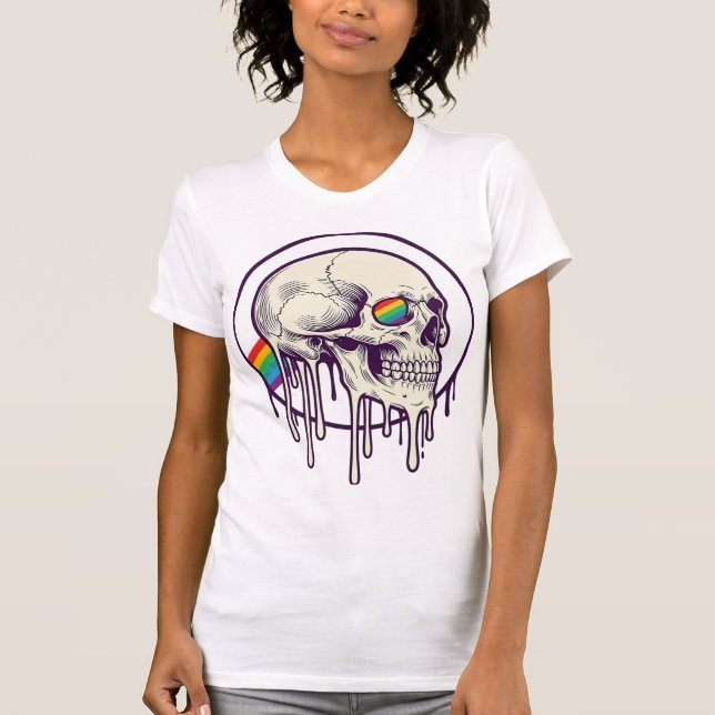 Camiseta Desenho de crânio pingando arco-íris com gravação  (Frente)