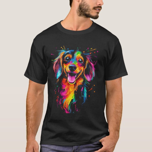 Camiseta Desenho de Dachshund de Cabelo Longo Com Um Cachor (Frente)