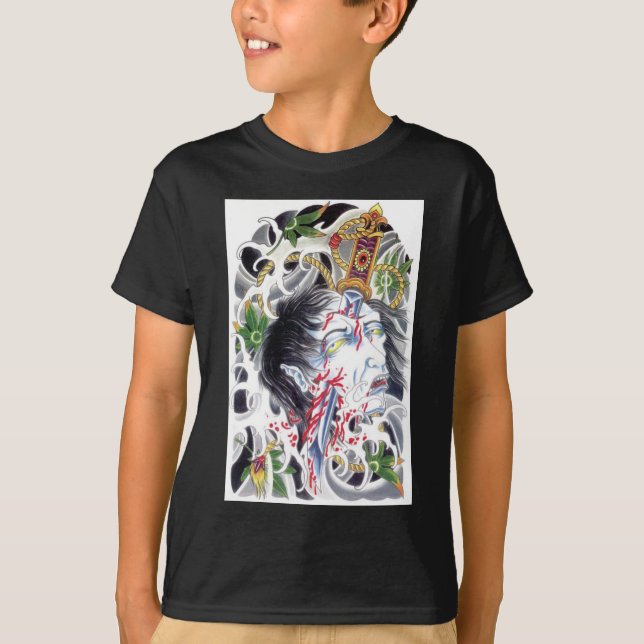 Camiseta Desenho de Espada Grotesca Japonesa (Frente)
